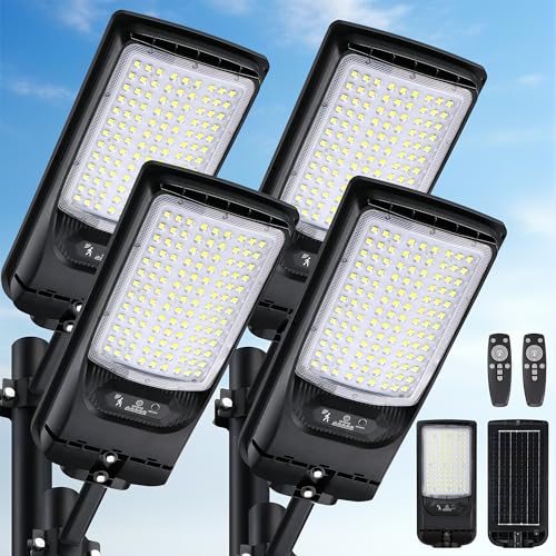 4 Pack Solar Street Lights Outdoor, 30000LM 6500K Motion Sensor Solar Lights Waterproof, Dusk to Dawn Solar Powered Security Parking Lot Light, Commercial LED Solar Flood Lights Remote for Outside by JWT - Used condition - US$60.17