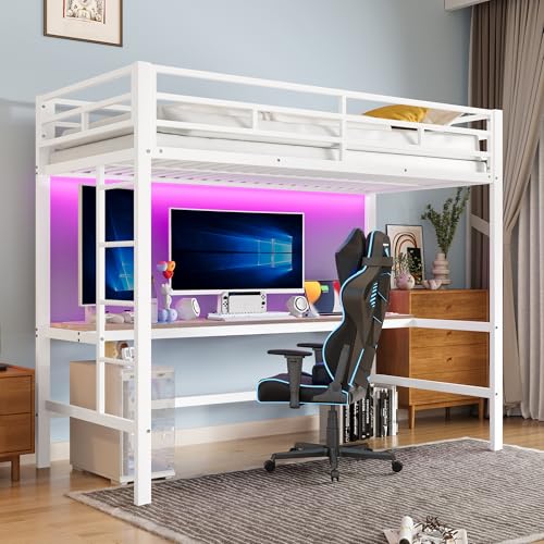 Merax Hochbett mit Schreibtisch 90x200 cm, Kinderbett Stockbett mit intelligentem Ambientelicht, Steckdose, USB- und Typ-C-Anschlüssen, Bettgestell aus Metall für Kinder und Erwachsene, Weiß