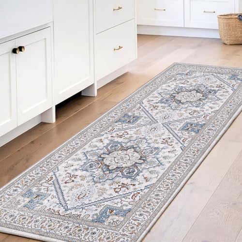 OPPODREAM Soft Entryway Rug 2x6, 2x6 Rug Runner, Neutral Washable Hallways Carpet 2 x 6 with Non Slip Backing, Low-Pile Bedside Carpet 2 x 6, Long, Faux Cashmere, Cream White & Blue & Light Brown