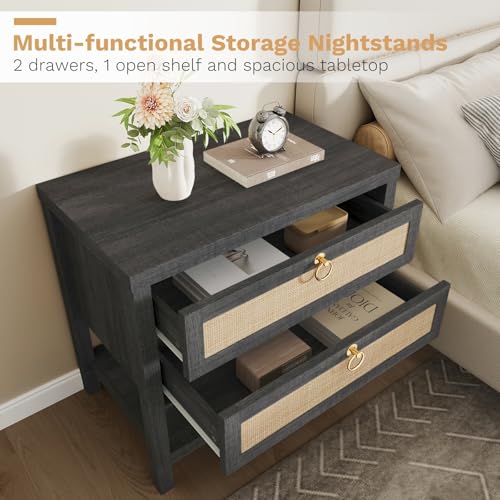 Image of Eclatara Large Rattan Night Stands:Boho Nightstand with Drawers and Storage Shelf,Black Oak Bedside Table End Table Side Table for Bedroom(Black Oak,1 Piece)