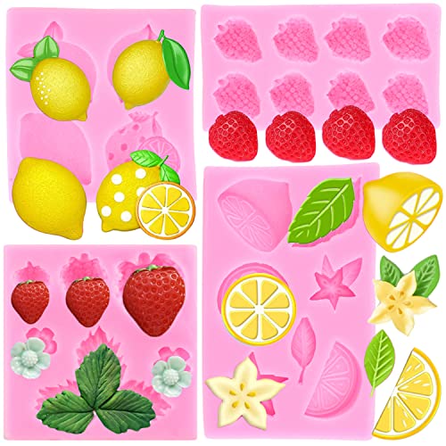 Zixiang Lemon Fondant Molds Strawberry Silicone Mold Summer Fruit Flower Candy Chocolate Mold Lemon Slices Resin Mold For Cake Decorating Cupcake Topper Gum Paste Polymer Clay Set Of 4