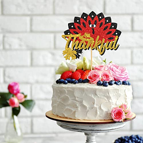 Belrew Thankful Cake Topper, For Fall Autumn Party Cake Topper, Thanksgiving Day Holiday Party Supplies, Glittery Black Red #TOP2