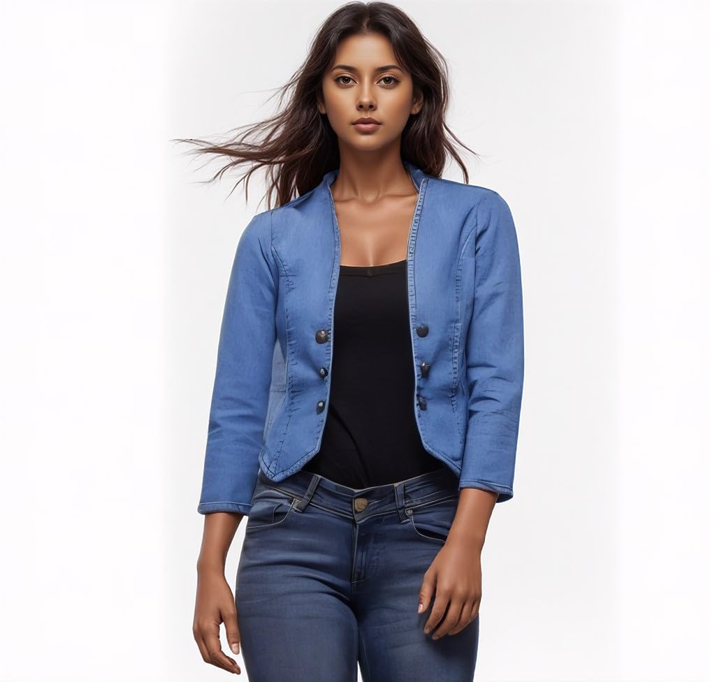 wingzss Women's Denim Jacket, Blue, Button Front, 3/4 Sleeves, Cropped Length, Casual Blazer Style-picture-20