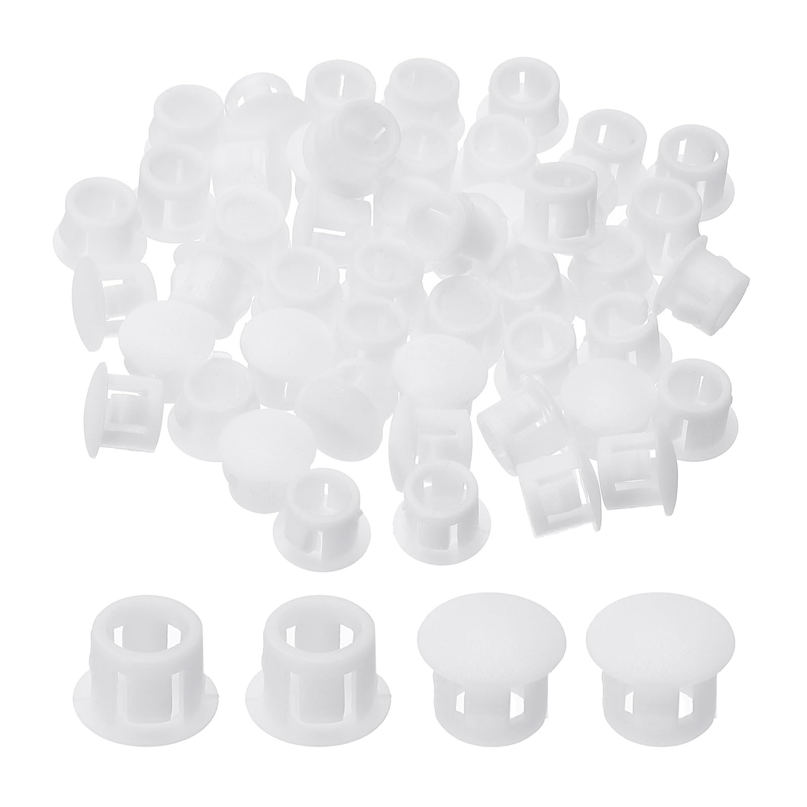 PATIKIL Plastic Screws Hole Plugs, 99 Pcs 2/7"(7mm) Round Plastic Hole Caps Snap Desk Grommet Buckle Knockout Locking Covers Furniture Insert End Cap for Kitchen Cabinet, White