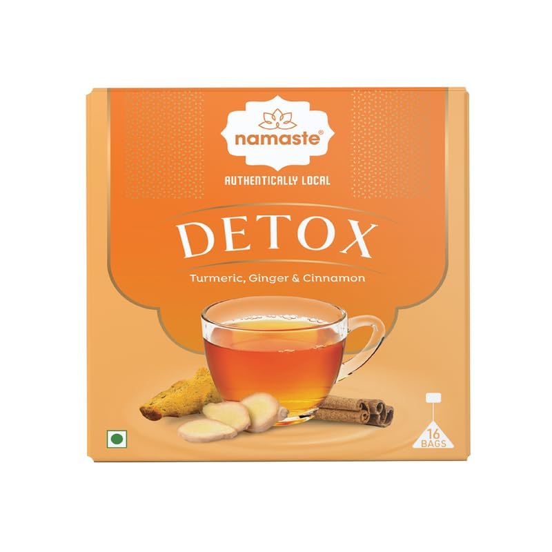 Namaste Chai Detox Herbal Green Tea With Turmeric, Ginger and Cinnamon Caffeine Free | 16 Sachets Dip Bag