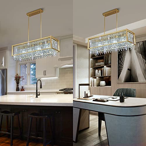 Image of LMQNINE Modern Rectangle Chandelier for Dining Room, Gold Crystal Chandelier Linear Light Fixture, Farmhouse Chandeliers for Kitchen Island, Bar Table, L35.43'' x W11.81'' x H9.84''