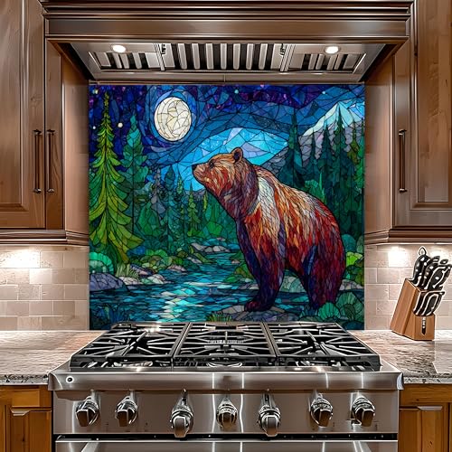 Tempered Glass Backsplash for Kitchen, Bear and Moon Glass Backsplash, Copper Look Backsplash for Kitchen Wall, Modern Kitchen Backsplash, Easy to Install Stove Backsplash