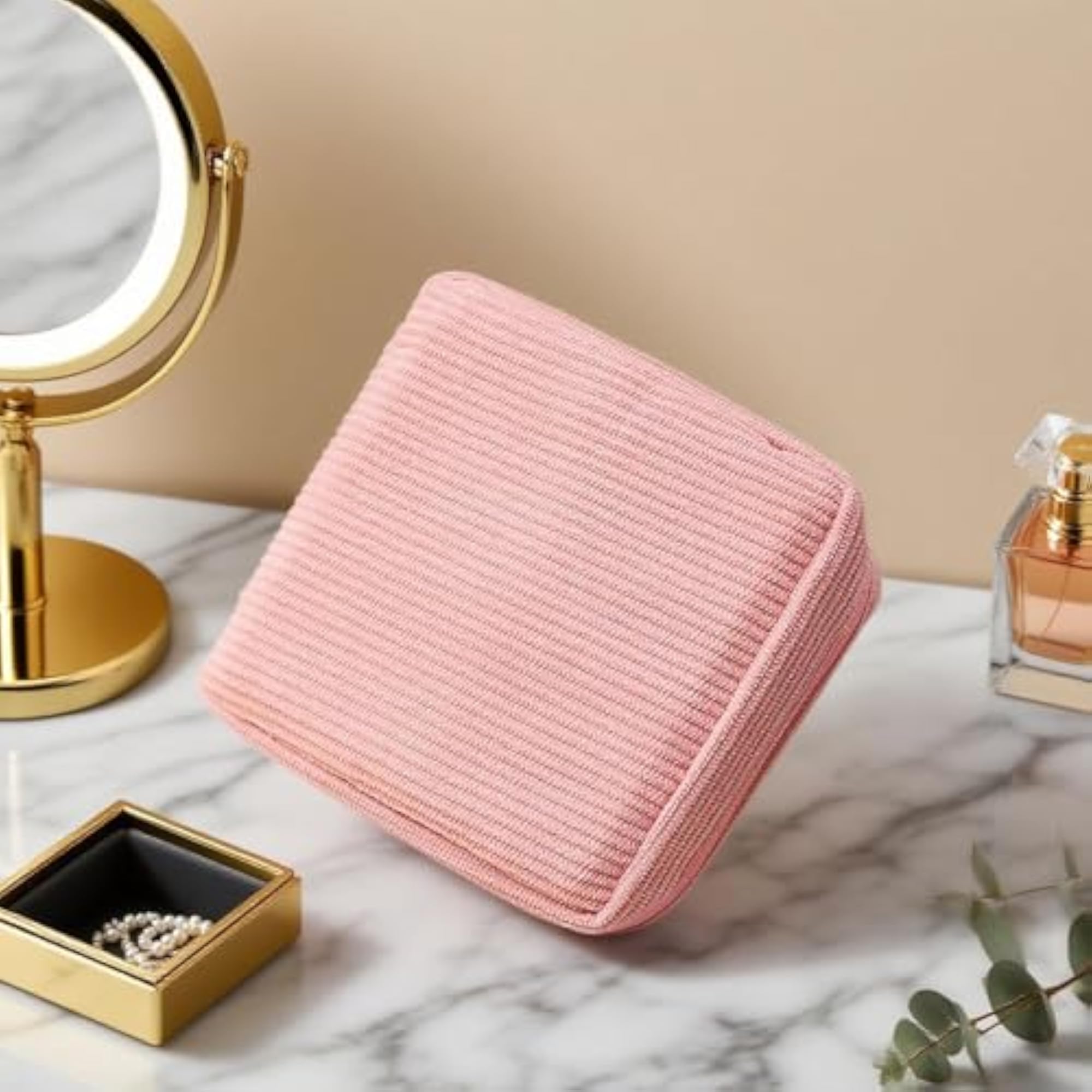 Corduroy Makeup Bag Zipper Pouch for Girls, Pink