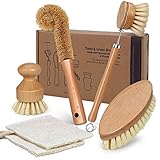 MASTERTOP 4er Bambus Bürste Set mit 2 Luffa Reinigungstuch, Topfbürste, Flaschenbürste, Rundbürste, Ovalbürste für Küche
