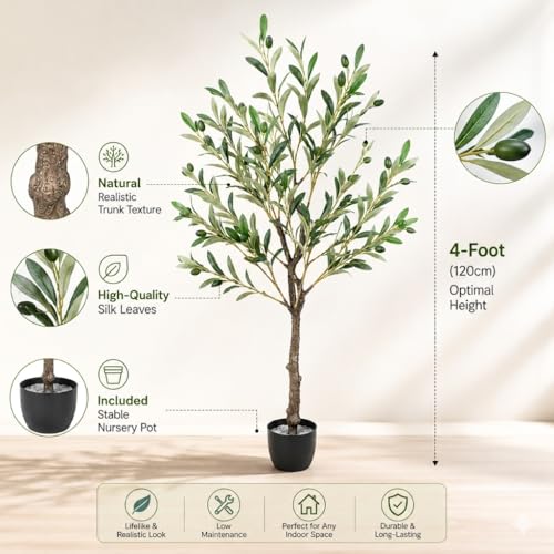 Image of kayra Decor 4ft Olive Tree with Leaves and Olives | Artificial Plant for Home Decor | Natural Looking Plant Decor | Big Fake Ornamental Plants with Pot - Indoor Artificial Tree for Living Room