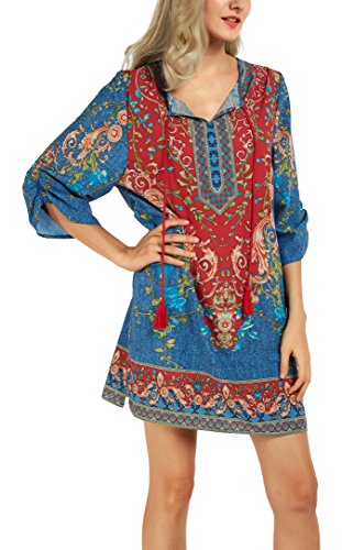 Image of Women Bohemian Neck Tie Vintage Printed Ethnic Style Summer Shift Dress