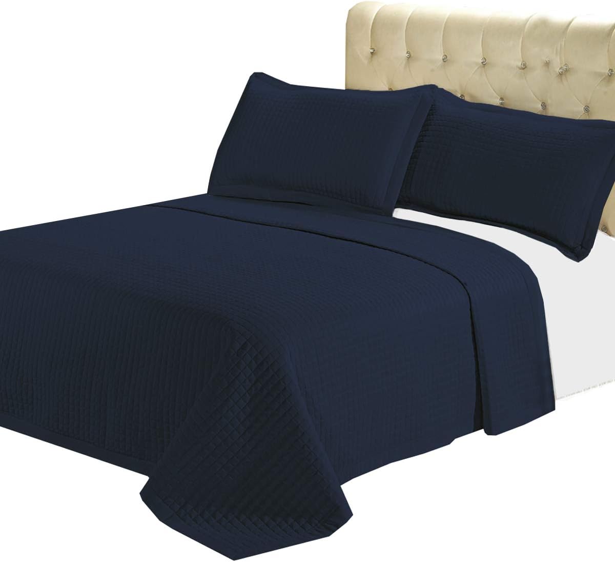 sheetsnthings Luxury Checkered Quilted Wrinkle Free Microfiber 3 Piece Coverlets Set (Navy, California King)