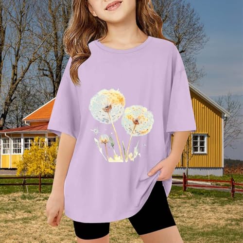 Kids Floral T-Shirt for Girls Dandelion Print Short Sleeve Blouse, Loose Fit Crew Neck Casual Summer Top | Toddler Tee4