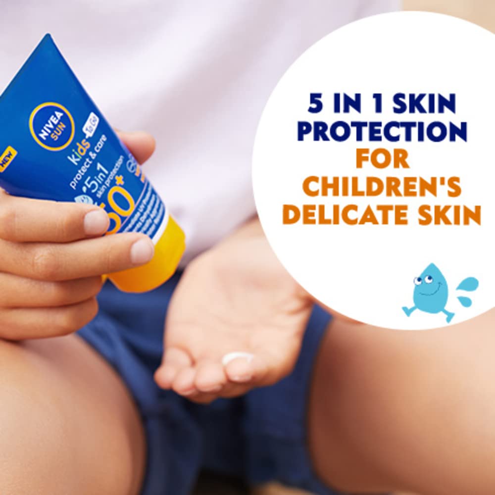 NIVEA SUN Kids Protect and Care SPF 50+ To Go Lotion (50ml), Water-Resistant Sunscreen, Kid's Sun Cream Provides Highly Effective UVB and 5 Star UVA Protection