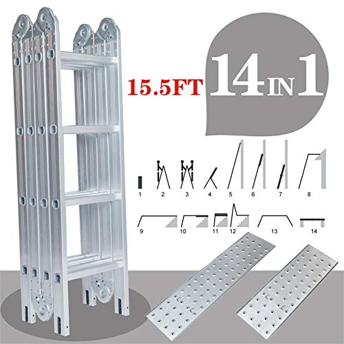 TimmyHouse Folding Extendable Multipurpose Aluminum Ladder 15.5 FT Telescopic Scaffold
