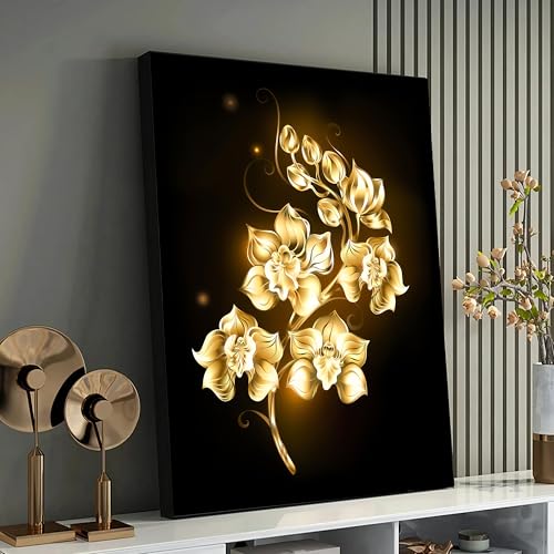 Toile imprimée florale à l'éclat doré, tableau 60x80cm pour salon chic