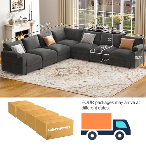 Image of Sectional Couches for Living Room FSC Certified Velvet Modular Couch Oversized Cloud U Shaped Convertible Sleeper Sofa Chaise Detachable Armrest Cushion (Velvet Grey, Corner V Shape 7 Seat)