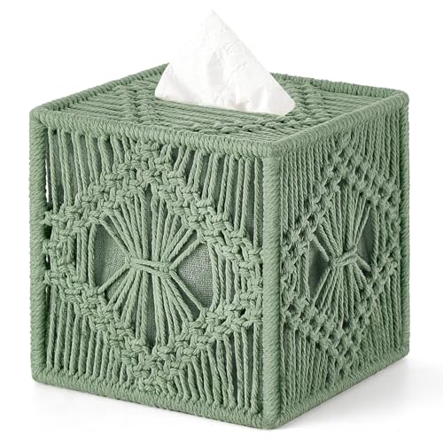 Mkono Tissue Box Cover Macrame Square Open-Bottom Tissue Box Holder Boho Decor Tissue Organizer Bohemian Handmade Woven Tissue Cube Box for Bathroom Bedroom Dresser Living Room Office Dorm, Green