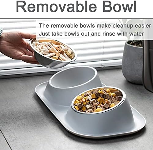Suhaco Double Dog Bowl Raised Dog Food Bowl Non Slip Stainless Steel Double Bowls with Non-spill for Small Dogs and Cats (Grey)