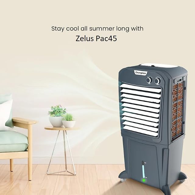 Crompton Zelus PAC45 45L Desert Air Cooler, Grey, with 4-Way Air Deflection, Auto Swing Louvers, Ice Chamber, Everlast Pump, Motor Overload Protection, Inverter Compatible view 2