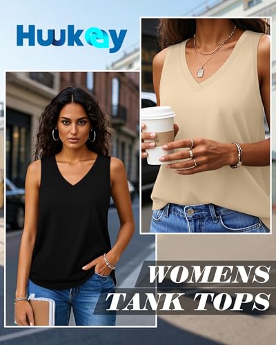 Huukeay 3 Pack Women's Tank Tops V Neck Loose Fit Casual Shirts Flowy Trendy Sleeveless Summer Basic Tee 2025 Fashion3