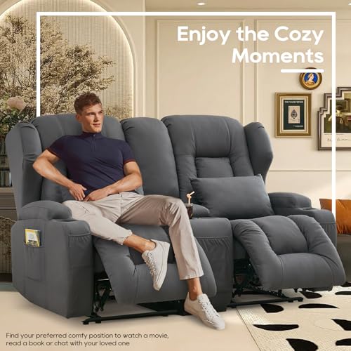Image of IPKIG 65.3 inch RV Loveseat Recliner Sofa with Storage Console, Leathaire Fabric Wall Hugger Reclining Chair with Cup Holders and Side Pockets, Home Theater Seating Manual Recliner for Living Room (Grey)