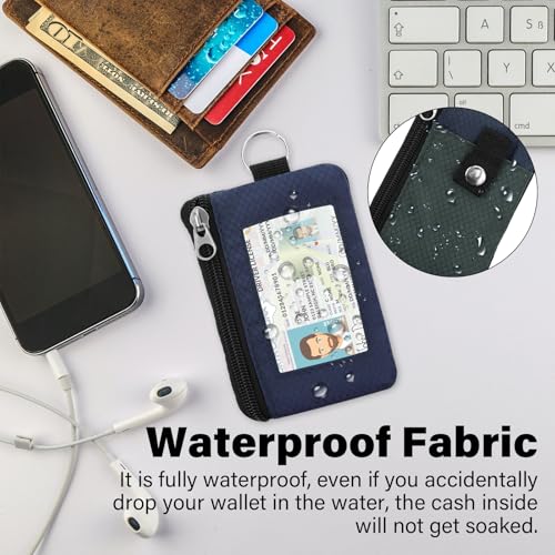 Image of Minimalist RFID Wallet with Lanyard, Multi-Functional ID Case with 2 Zipper Pockets and Key Chain for Men and Women, Tactical Badge Pouch Cards Holder, Coin Purse for Travel Sports - Gray&Blue