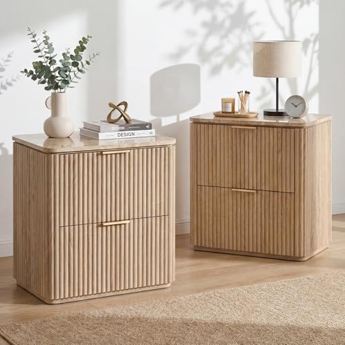 Image of Fluted Nightstand Set of 2, 23 inch W Night Stand with 2 Drawers, Wood Bed Side Table with Faux Marble-Top, Curved Corner, Metal Handle, Modern Bedside Table for Bedroom, Living Room, Office, Natural Oak