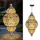 MZAIHOUPAI Hanging Solar Lanterns,Outdoor Garden Decor Solar Lantern Metal Moroccan Yard Art Gardening Decorative,Outside Hanging Lights Christmas Decorations for Gazebo Patio Chandelier Garden Gift