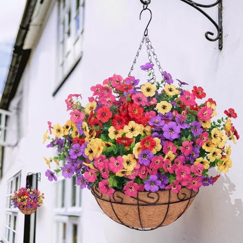 Image of Bassion Artificial Hanging Silk Flowers for Outdoors with Basket, Mixed | Fake hanging plants with basket, silk daisy flowers, UV resistan, for porch balcony patio home spring summer decoration