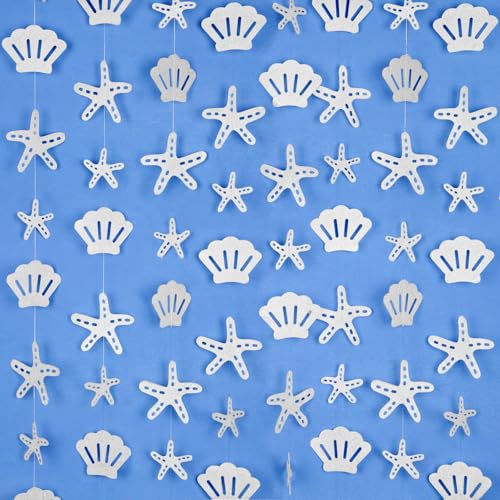 Image of 8 Pack Pearlescent Starfish & Shell Paper Hanging Decorations - Coastal Nautical Garland for Under the Sea, Beach Wedding, Mermaid Party, Birthday, Baby Shower, and Ocean-Themed Party Decor