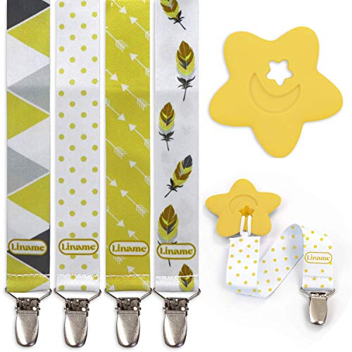 Image of Liname Neutral Pacifier Clip with Teething Toy - 4 Pack Pacifier Clips for Boys & Girls - Binky Holder Soothie Paci Clip Binkie Clip - Unisex Pacifer Clip Baby Pacifier Clip and Pacifier Holder