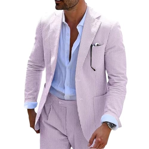 Men Suits 2 Pieces Seersucker Notched Lapel Wedding Party Suit Jacket Pants 2 Button Slim Fit Suits