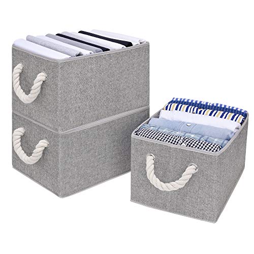 StorageWorks Large Closet Organizers with Handles, Rectangular Storage Baskets for Shelves, Foldable Closet Storage Bins for Linen Closet, 3-Pack, Gray