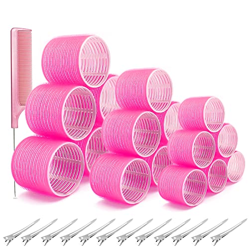 31 PCS Hair Rollers Set, 18 Pcs Self Grip Hair Rollers Include 64mm 44mm 36mm, 12 Clips, 1 Combs for Long Medium Short Hair, DIY Hair Styling, Salon Hairdressing Rollers Tools (Pink)