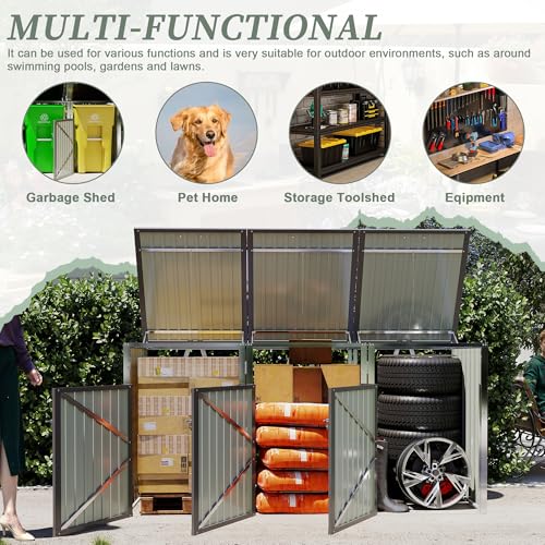 Image of KEIKI 3-Bin Outdoor Trash Can Storage Shed, 83 Cu.Ft Metal Garbage Bin Enclosure with Lift-Up Lid & Lockable Double Doors, Weather-Resistant Heavy-Duty Patio Garden Shed, Light Gray