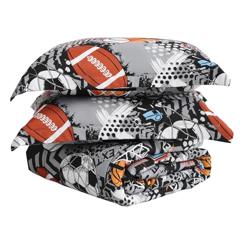 Yibeizi Grey Sports Comforter Set for Boys Twin Kids Football Basketball Baseball Printed Bedding Set with Pillow Sham Cute Lightweight Soft Breathable Machine Washable Quilted Bed Comforter