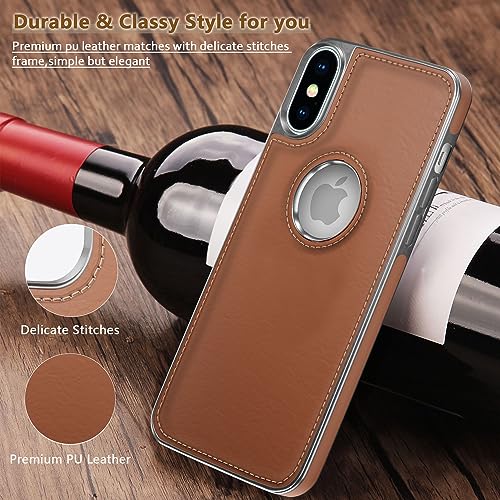 Image of Amazon Basics Back Cover iPhone X /Xs Silver Electroplated Chrome | Full Camera Protection | Chrome Leather | Flexible Pu Leather Bumper Case (Tan)