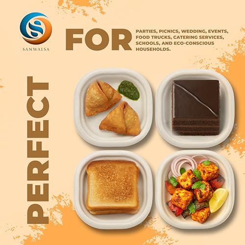 Image of [6 inch, 25 Count, Square, Beige Disposable Bagasse Paper Plates | Eco-Friendly Sugarcane Plates for Wedding, Party, Cafes | Ideal for Both Hot & Cold Food