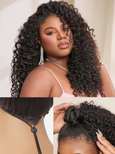 LUVME HAIR Half Wig Kinky Curly Flexi-Fit Invisi 3 in 1 Wigs Flip Drawstring Wig 200% Density Glueless Wigs 100% Human Hair Natural Black Ready to Go Headband Wig for Women 18 Inches