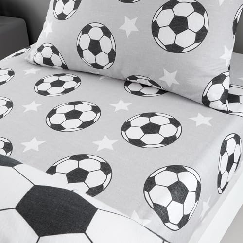 Catherine Lansfield Drap-Housse en Coton brossé Motif étoiles de Football Gris