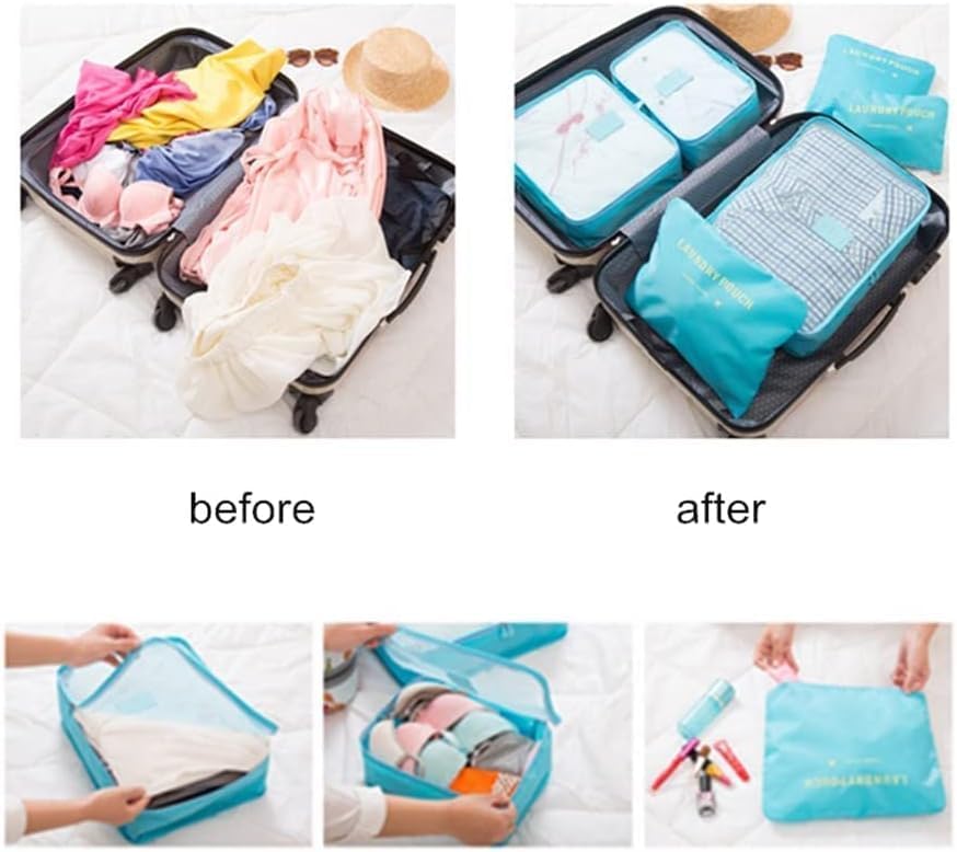 Image of 6 in 1 Polyester Secret Pouch Travel Bag Packing Cubes Laundry Bag with Undergarments & Cloth Storage Organizer Travelling Set /Suitcase Cloth Cube Bag (BLACK 6 in 1 Travel Bag)
