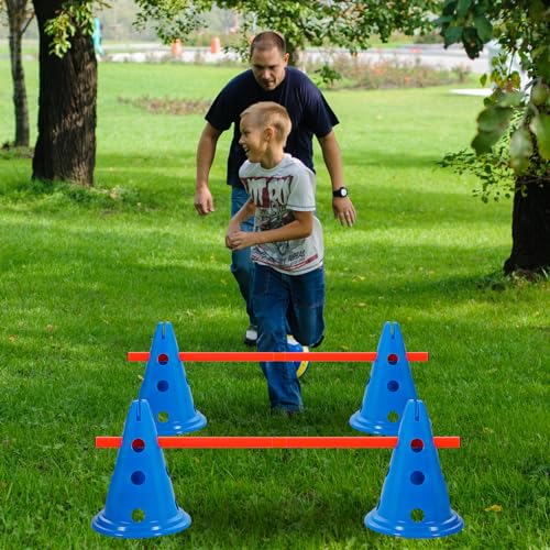 Glimin Dog Agility Hurdle Cone Set Dog Agility Course Backyard Set Include 12 Agility Cones 6 Agility Rods Training Equipment Adjustable Obstacle Training for Pet Outdoor Games(Blue, Orange)