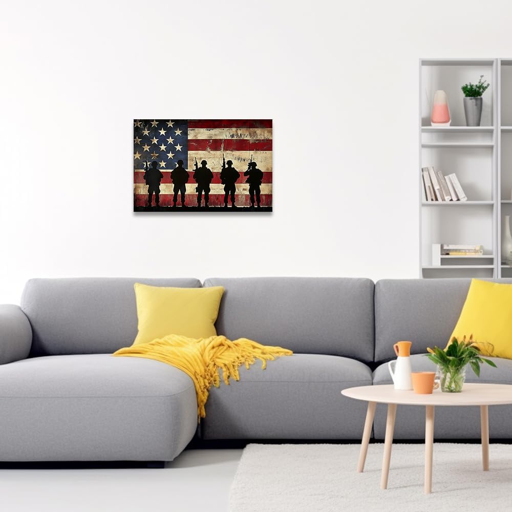 QIXIANG American Flag Canvas Wall Art Soldiers with Flag Picture Military Soldiers Painting Prints Patriotic Theme Picture Wall Decor Framed(Blue,12L x 18W)