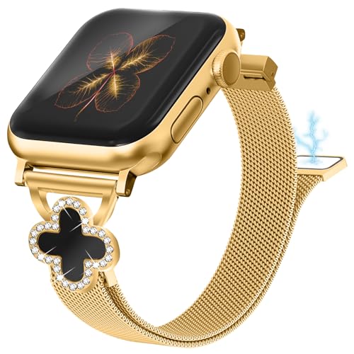 Joyozy Slim Metal Band Compatible with Apple Watch Band 38mm 40mm 41mm 42mm 44mm 45mm 46mm 49mm Skinny Magnetic Strap with Bling Charms, Cute Stainless Steel Band, Dressy Thin iWatch Bracelet for Women (Gold)