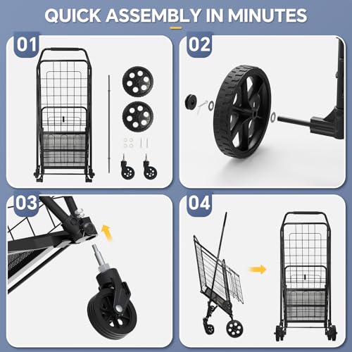 Folding Shopping Cart, Portable Heavy Duty Trolley with Swivel Wheels, Lightweight Double Basket Grocery Carts for Laundry, Luggage, Books, Space-Saving Design, with Black Waterproof Bag