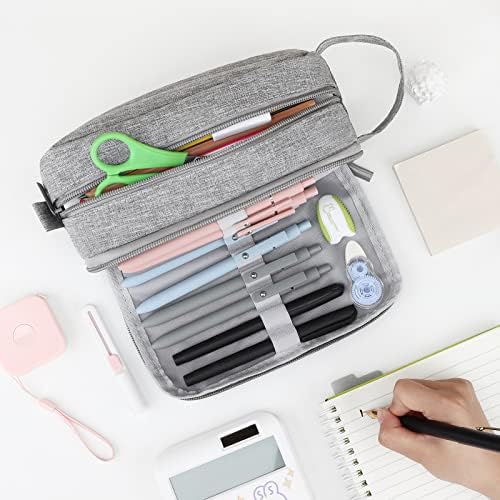 Uquelic Large Pencil Case with 3 Compartments, Pencil Cases Big Capacity with Handle, Pencil Bag Pouch Desk Organizer for Boys Girls Students and Office Supplies, Pink