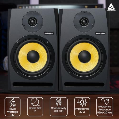 Image of Audio Array 5-Inch 2 Way Near Field Studio Monitor Speakers Pair | 140W RMS Class AB Amplification | Kevlar Woofer, Silk Dome Tweeter | XLR /TRS Inputs | 56Hz-22kHz Frequency Response | M5