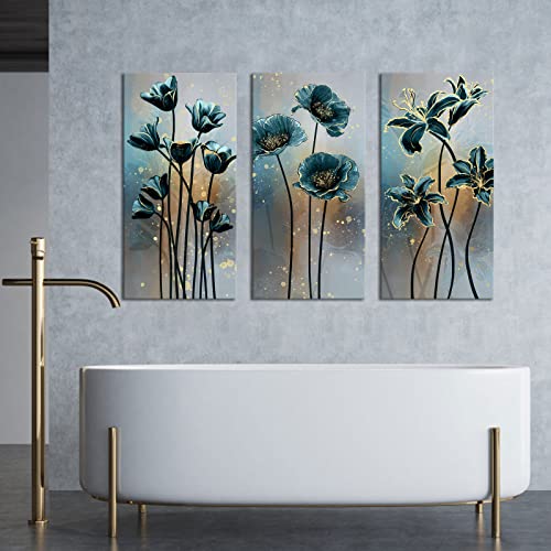 Klvos Large Blue Flower Canvas Prints Wall Art Elegant Floral Poppy Tulip Lily Painting Pictures Modern Artwork Home Decor For Kitchen Living Room Dining Room 16X32Inchx3 Panel #TOP4