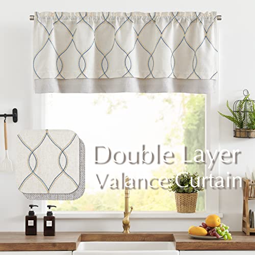 Jinchan Linen Valance Curtain 18 Inch Length Blackout Kitchen Valance For Windows Embroidered Valance For Living Room Double Layer Farmhouse Rustic Gold Wavy Valance Rod Pocket 1 Panel Blue On Beige #TOP1